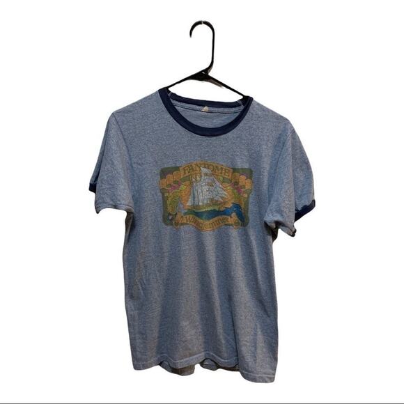 Vintage 70s 80s tee t-shirt single stitch ringer blue sailing boat nautical sz L - Picture 1 of 9